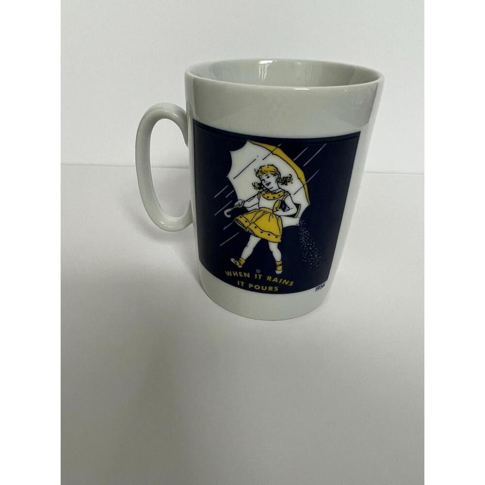 Vintage Morton Salt 1956 Logo Girl When It Rains It Pours Coffee Mug Cup Blue